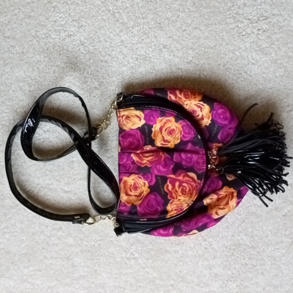 Betsey Johnson watercolor rose tassel bag with patent leather and chain …